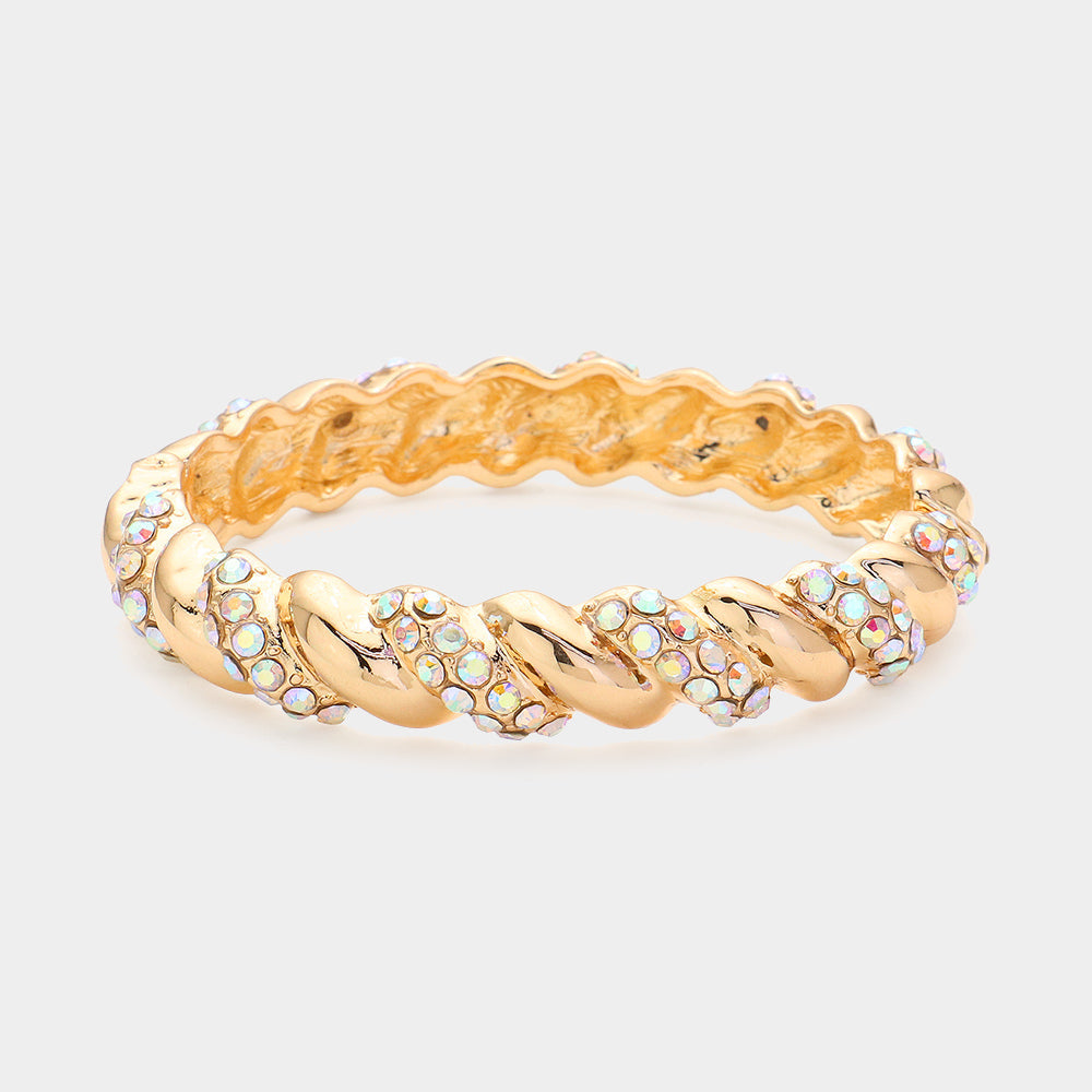 Madeline Love AB, Gold Rhinestone Embellished Twisted Metal Hinged Evening Bracelet