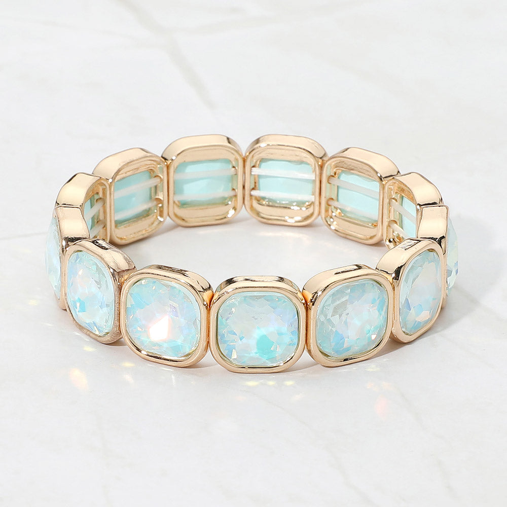Madeline Love Aqua, Gold, Opal Faceted Cushion Gem Beaded Stretch Bracelet