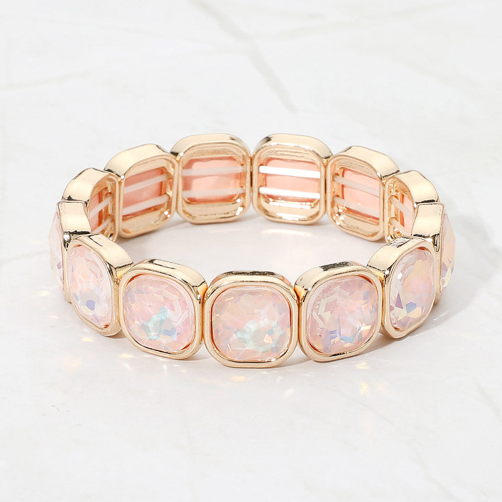 Madeline Love Gold, Opal, Peach Faceted Cushion Gem Beaded Stretch Bracelet