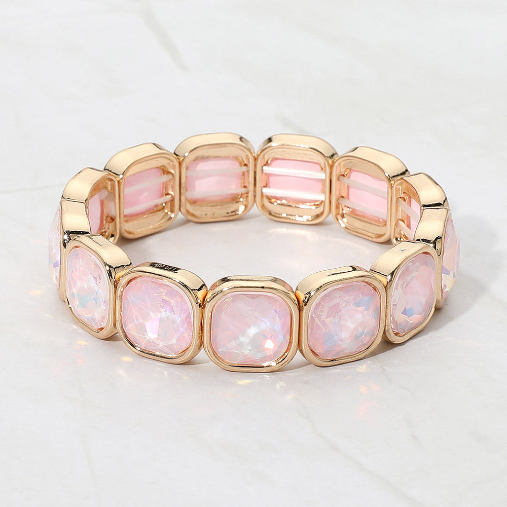 Madeline Love Gold, Opal, Pink Faceted Cushion Gem Beaded Stretch Bracelet