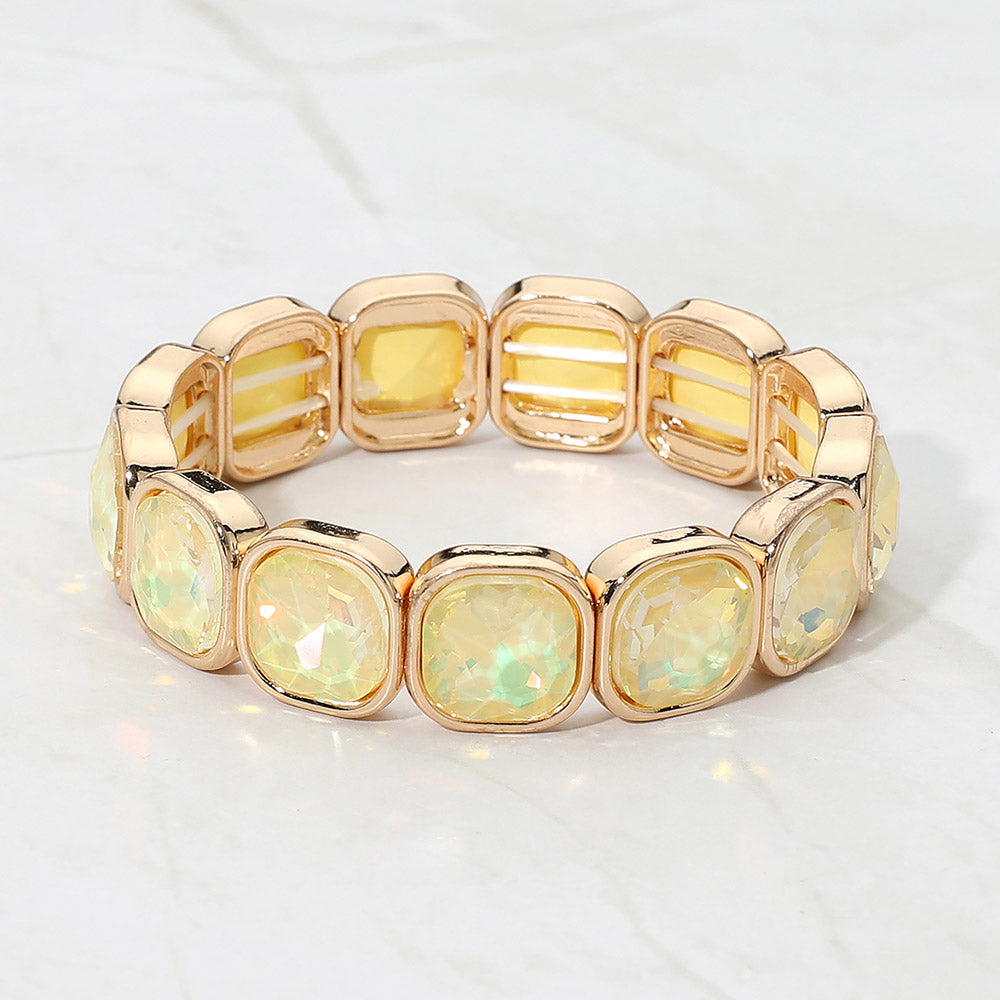 Madeline Love Gold, Opal, Yellow Faceted Cushion Gem Beaded Stretch Bracelet
