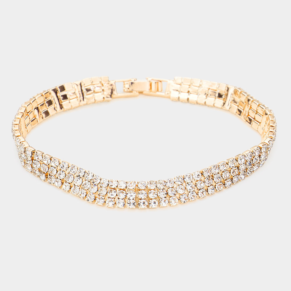 Madeline Love Clear, Gold 3Rows Rhinestone Evening Bracelet