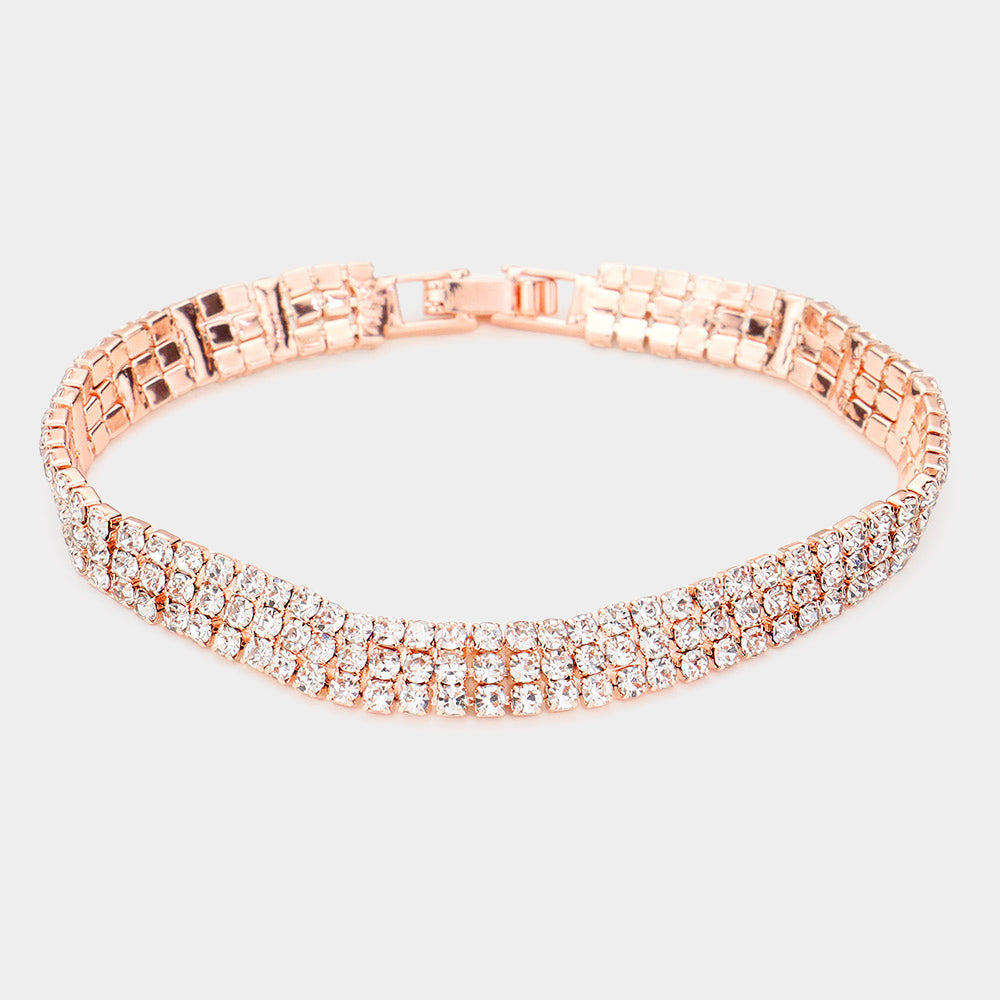 Madeline Love Clear, Rose Gold 3Rows Rhinestone Evening Bracelet