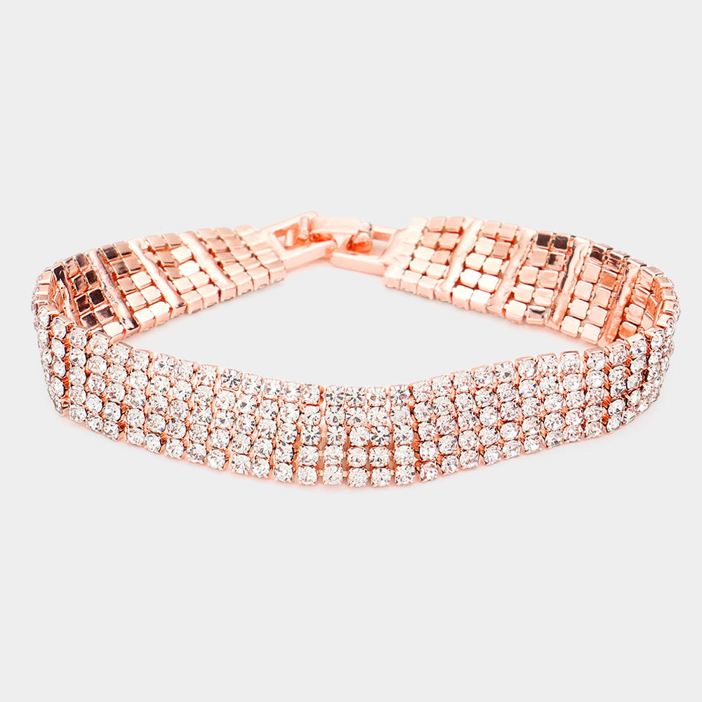 Madeline Love Clear, Rose Gold 5Rows Rhinestone Evening Bracelet - Bracelets