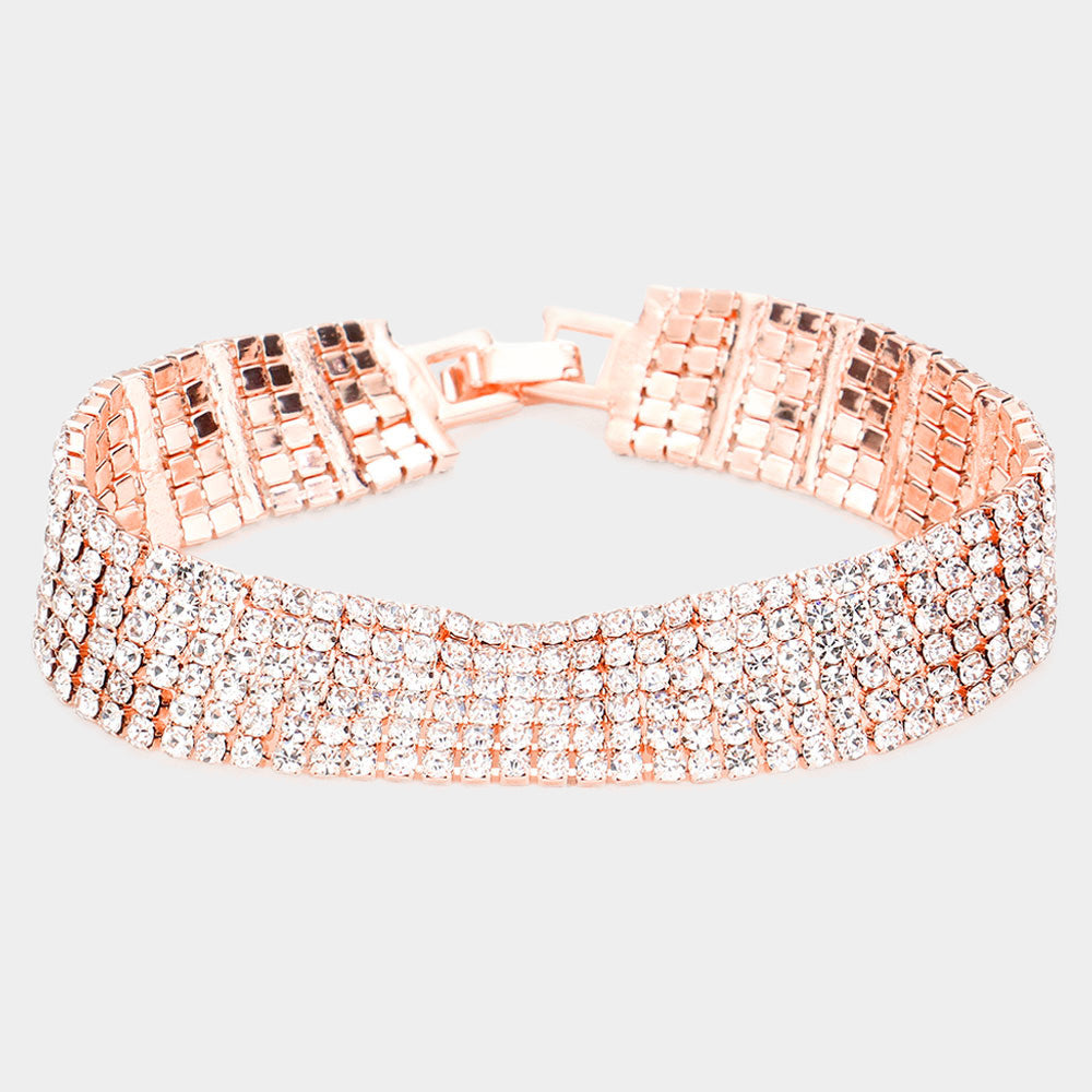 Madeline Love Clear, Rose Gold 6Rows Rhinestone Evening Bracelet - Bracelets