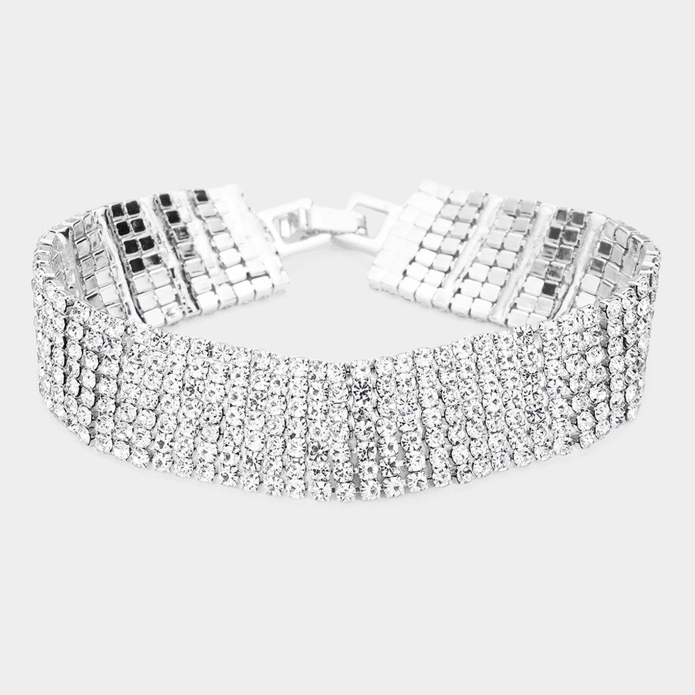 Madeline Love Clear, Silver 7Rows Rhinestone Evening Bracelet - Bracelets