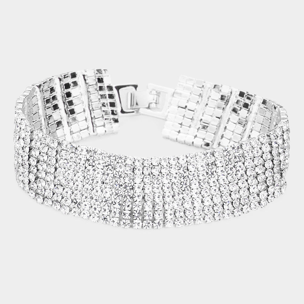 Madeline Love Clear, Silver 8Rows Rhinestone Evening Bracelet - Bracelets