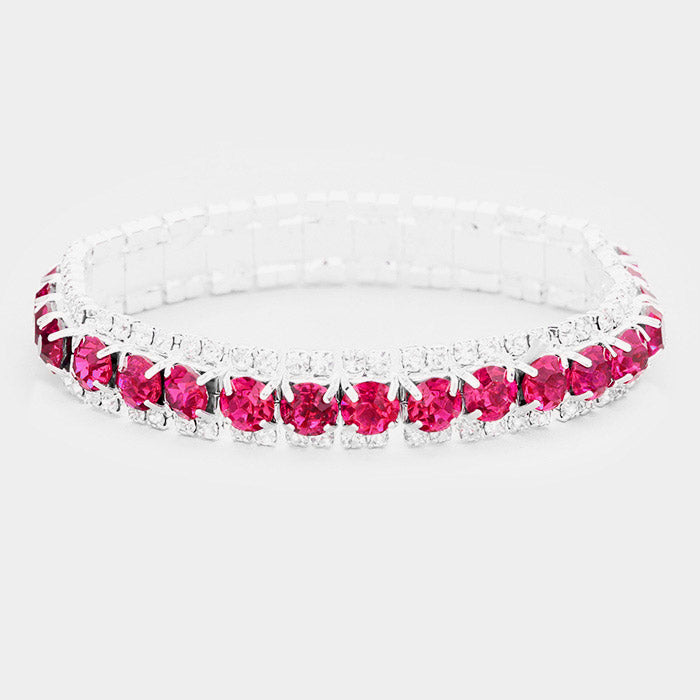 Madeline Love Fuchsia, Silver Crystal Rhinestone Stretchable Bracelet - Bracelets