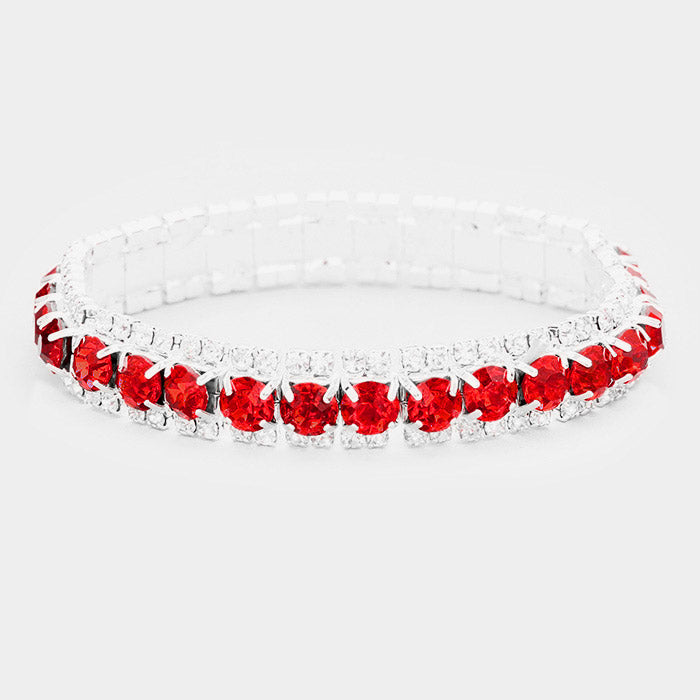 Madeline Love Red, Silver Crystal Rhinestone Stretchable Bracelet - Bracelets