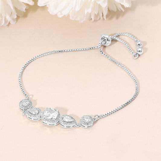 Madeline Love Clear, Silver Square CZ Cushion Center Teardrop Round Stone Link Adjustable Evening Bracelet - Bracelets