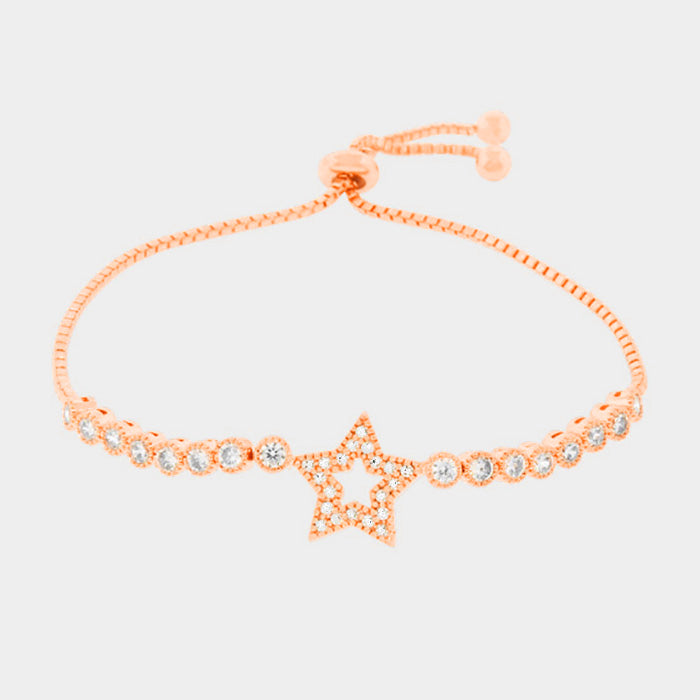 Madeline Love Clear, Rose Gold Cubic Zirconia Star Adjustable Pull Tie Evening Bracelet - Bracelets