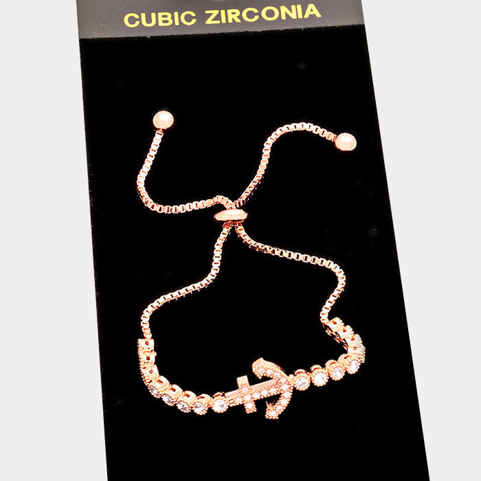 Madeline Love Clear, Rose Gold Crystal Cubic Zirconia CZ Anchor Cinch Bracelet - Bracelets