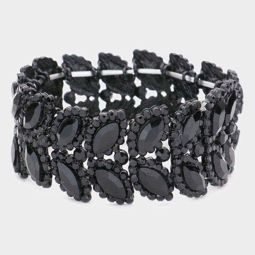 Madeline Love Jet Black Marquise Stone Embellished Stretch Evening Bracelet