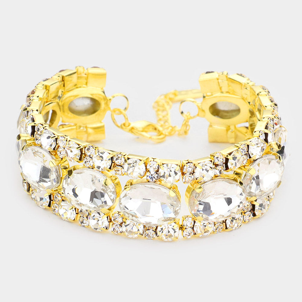 Madeline Love Clear, Gold Oval Crystal Rhinestone Evening Bracelet - Bracelets