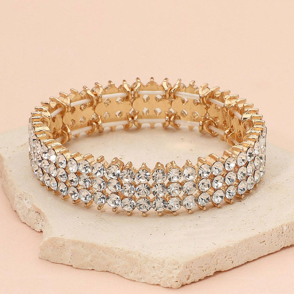 Madeline Love Clear, Gold Triple Row Crystal Stretch Evening Bracelet