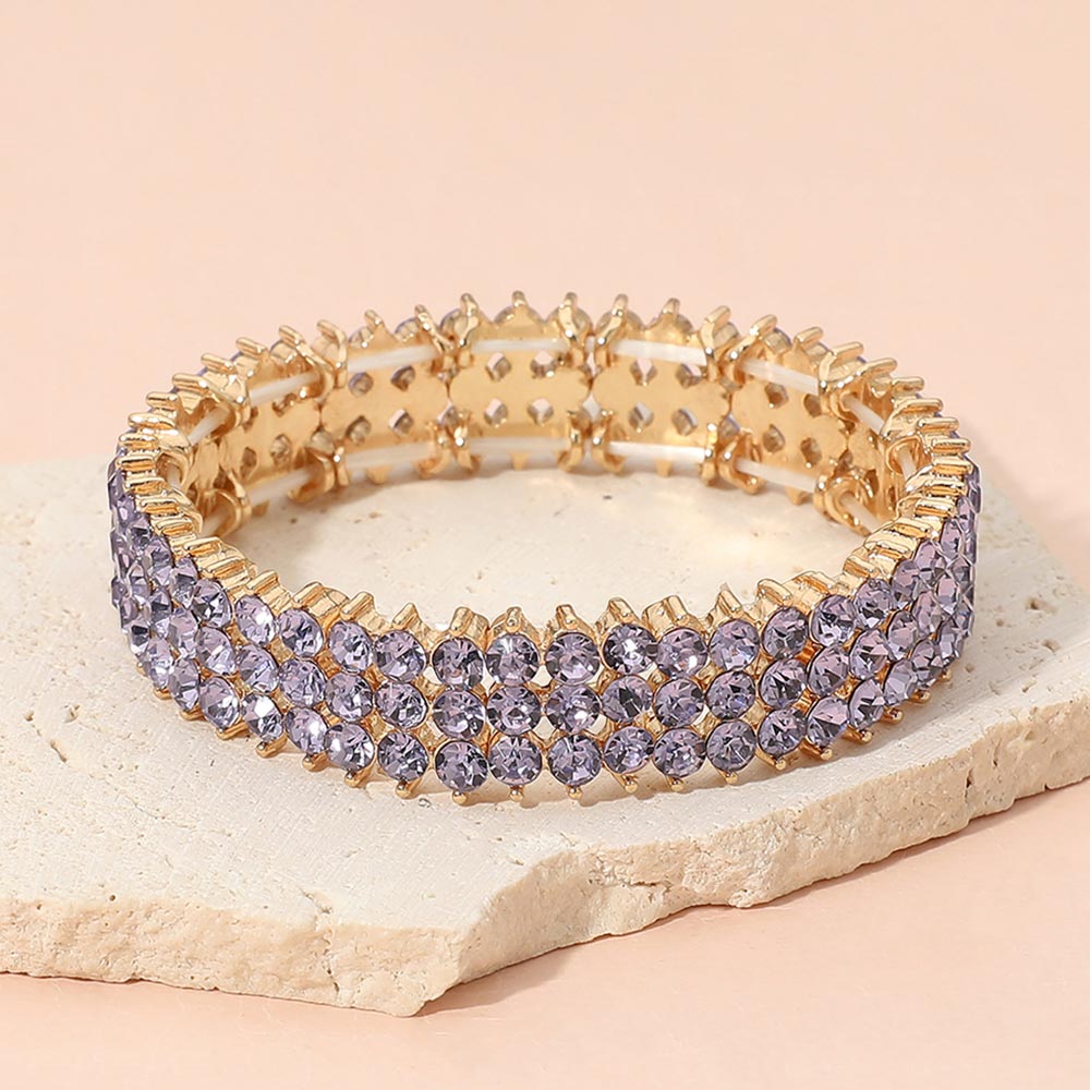 Madeline Love Gold, Lavender Triple Row Crystal Stretch Evening Bracelet