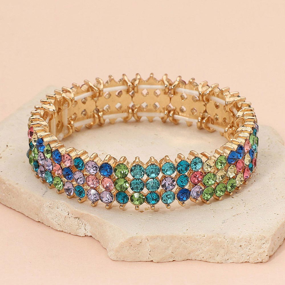 Madeline Love Gold, Multi Triple Row Crystal Stretch Evening Bracelet