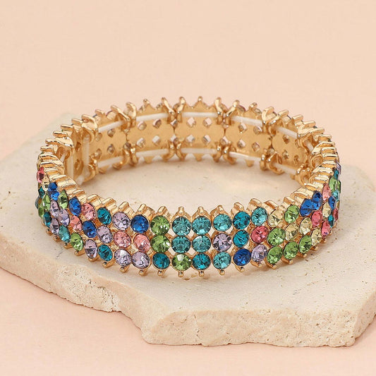 Madeline Love Gold, Multi Triple Row Crystal Stretch Evening Bracelet