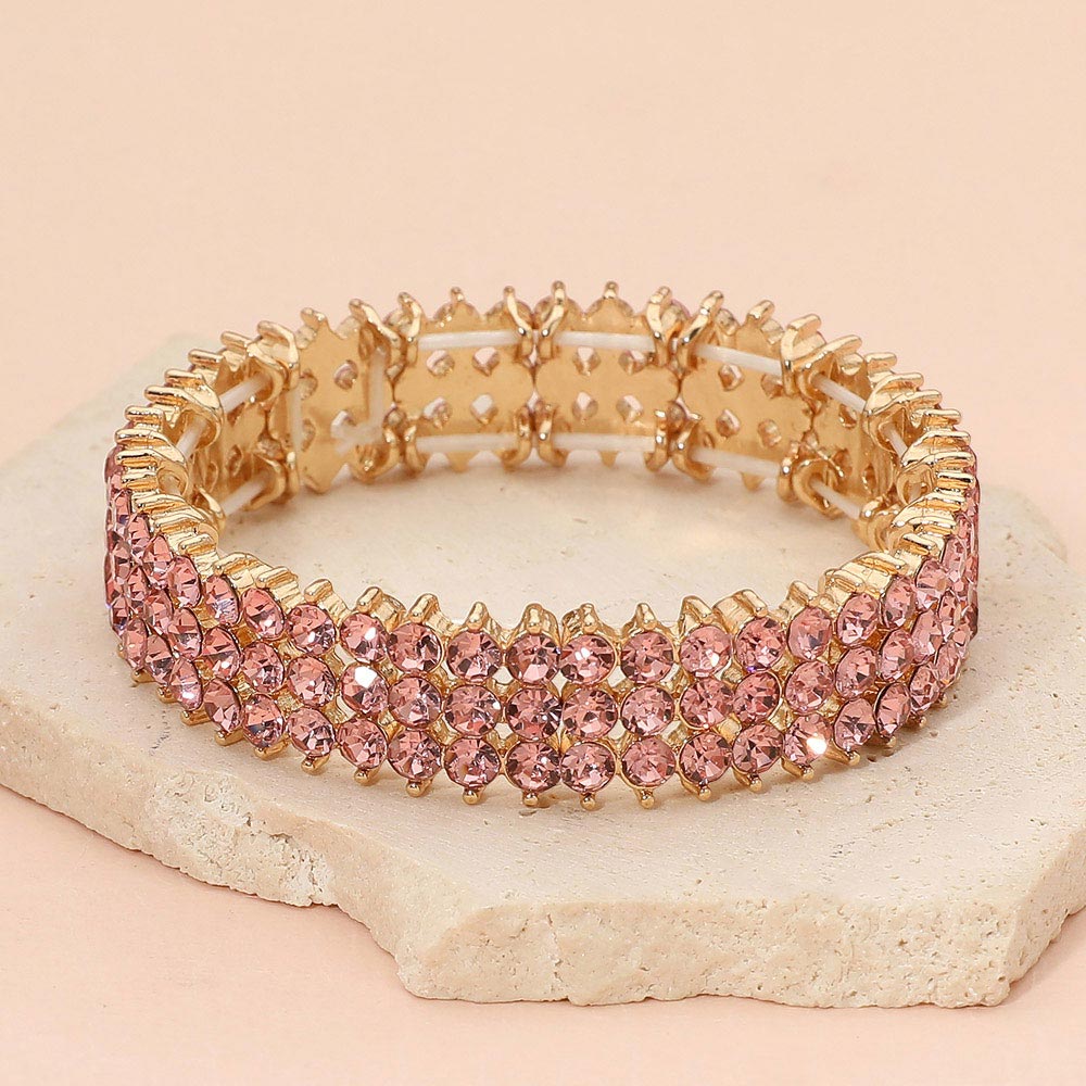 Madeline Love Gold, Pink Triple Row Crystal Stretch Evening Bracelet