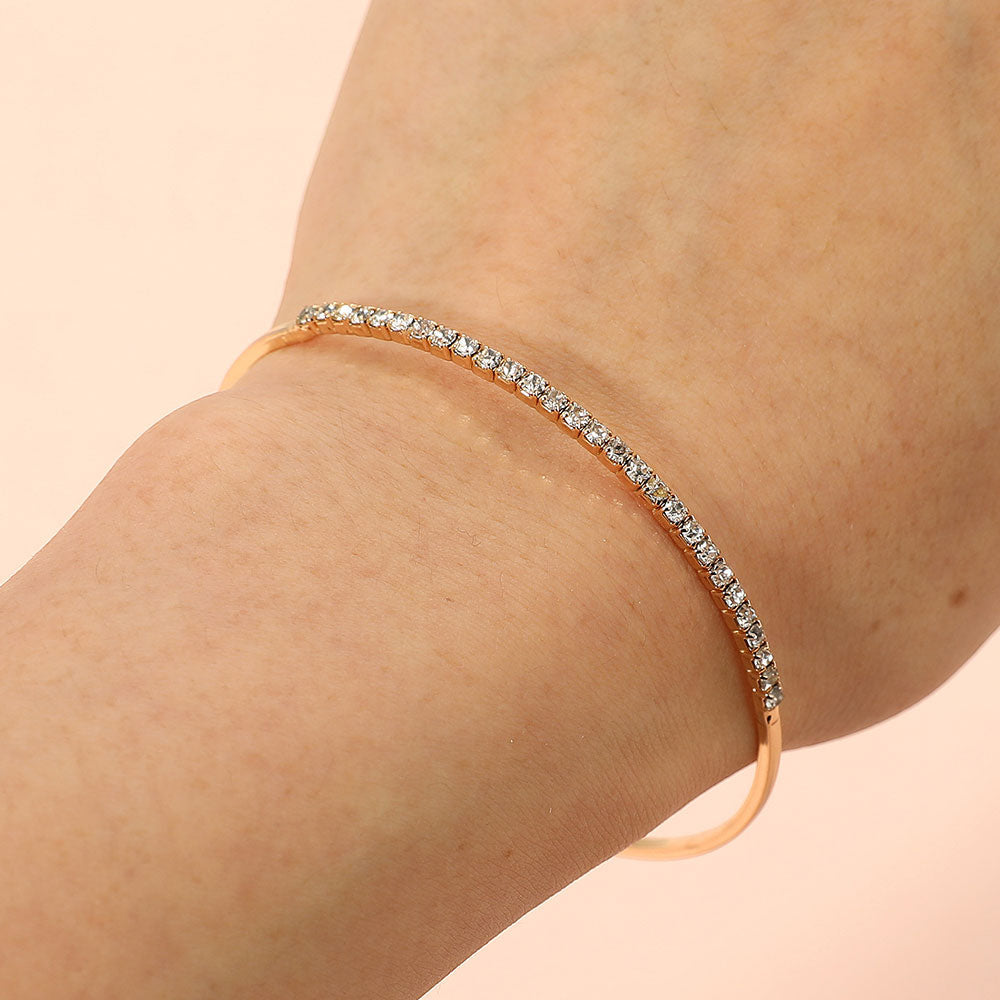 Madeline Love Gold One Row Rhinestone Paved Bar Accent Adjustable Bangle Evening Bracelet - Bracelets