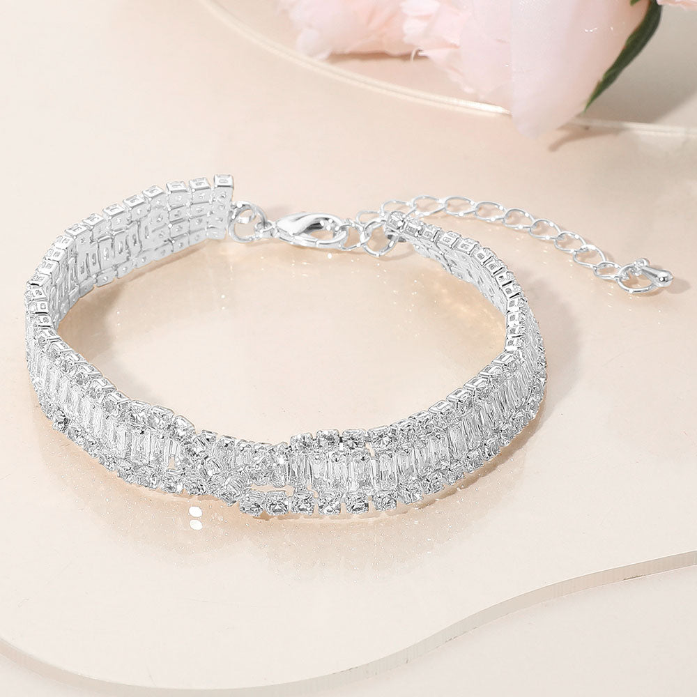 Madeline Love Clear, Silver Baguette CZ Stone Embellished Evening Bracelet - Bracelets