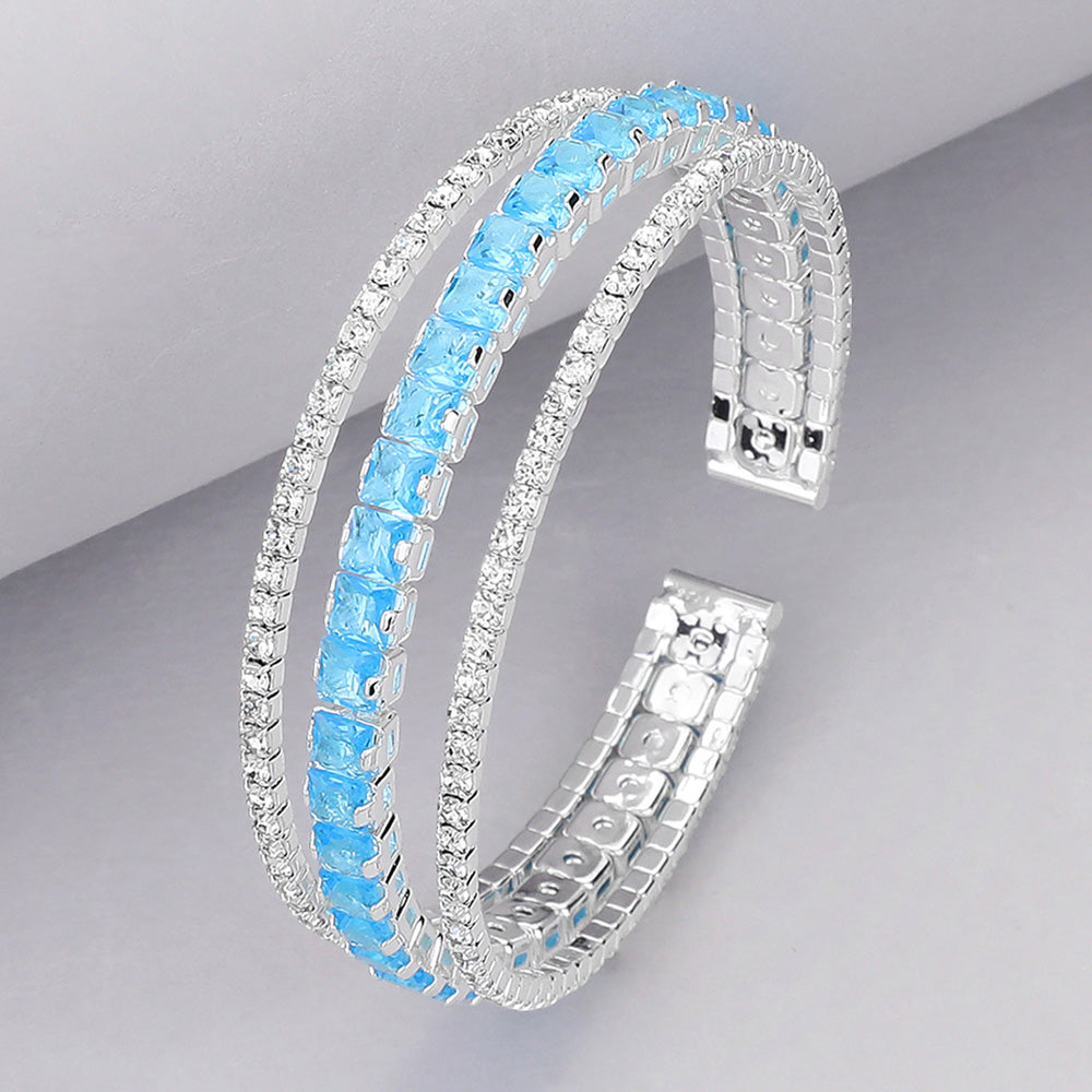 Madeline Love Clear, Silver, Turquoise Square Cut CZ Stone Accented Split Evening Bracelet - Bracelets