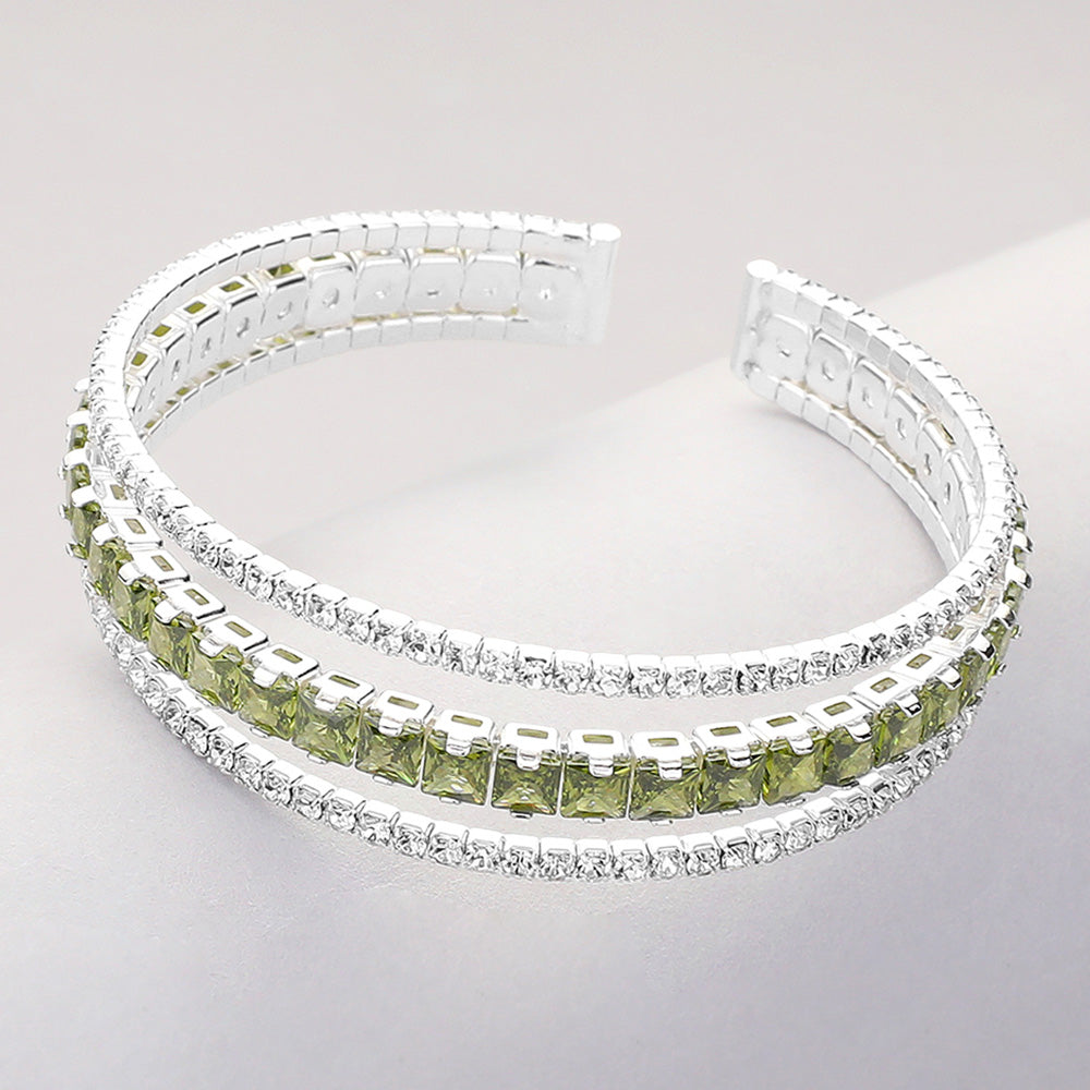 Madeline Love Clear, Peridot, Silver Square Cut CZ Stone Accented Split Evening Bracelet - Bracelets