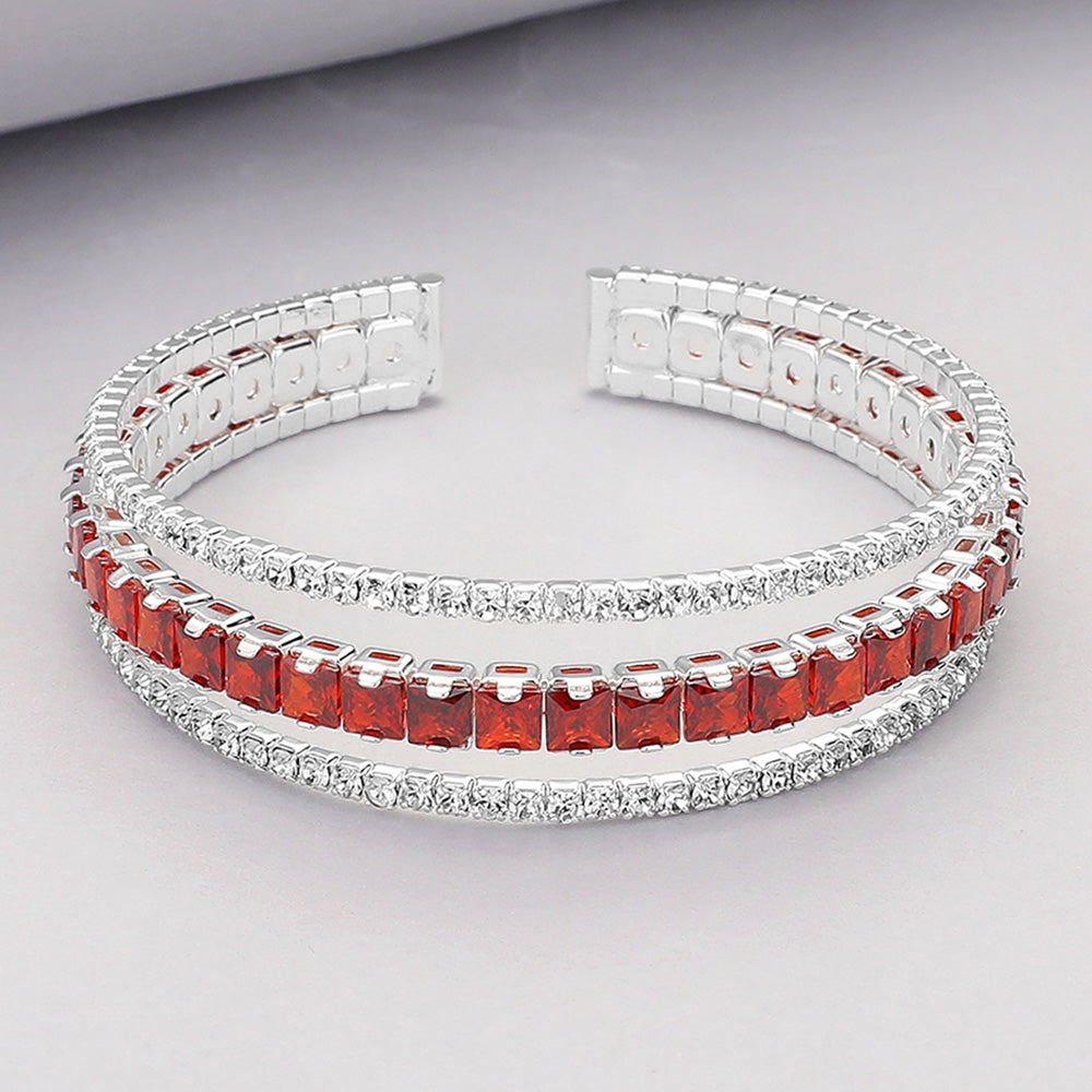 Madeline Love Clear, Siam, Silver Square Cut CZ Stone Accented Split Evening Bracelet - Bracelets