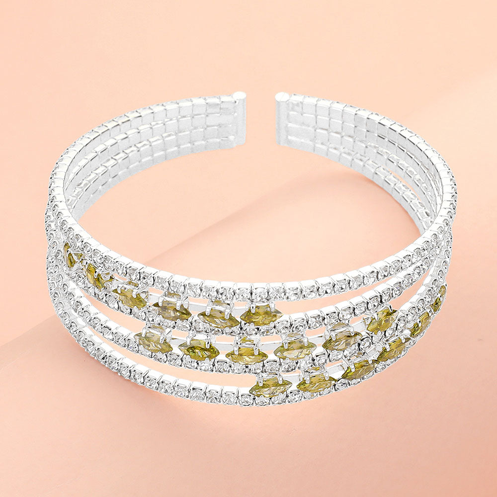 Madeline Love Clear, Peridot, Silver Marquise CZ Stone Rhinestone Paved Split Evening Bracelet - Bracelets