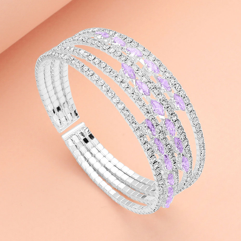 Madeline Love Clear, Silver, Violet Marquise CZ Stone Rhinestone Paved Split Evening Bracelet - Bracelets