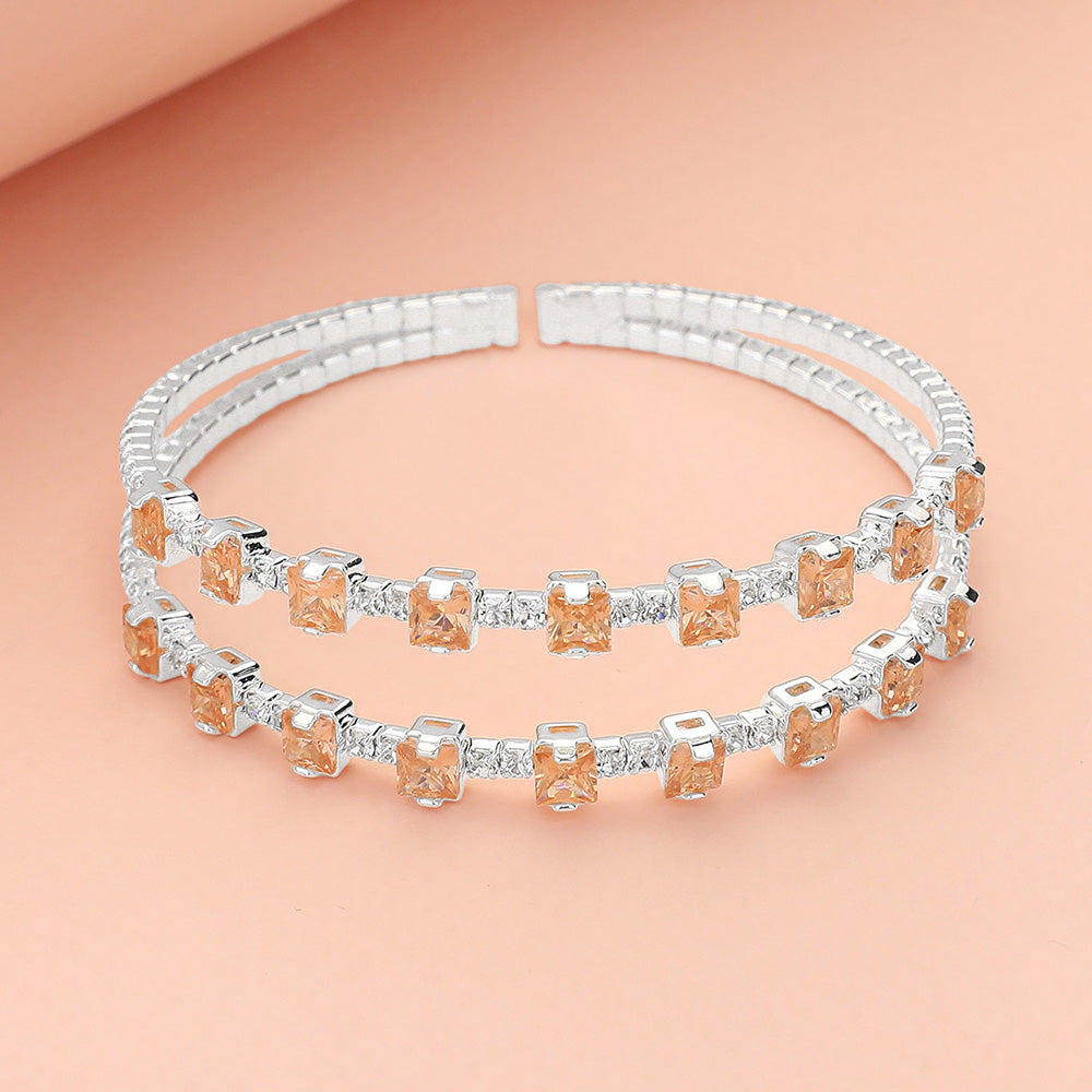 Madeline Love Lt Col Topaz, Silver Square CZ Stone Cluster Accented Split Adjustable Evening Bracelet - Bracelets