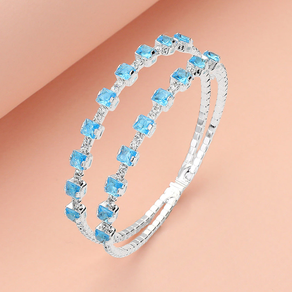 Madeline Love Silver, Turquoise Square CZ Stone Cluster Accented Split Adjustable Evening Bracelet - Bracelets