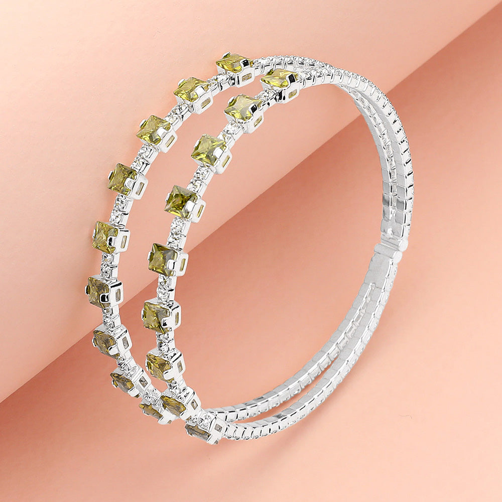 Madeline Love Peridot, Silver Square CZ Stone Cluster Accented Split Adjustable Evening Bracelet - Bracelets