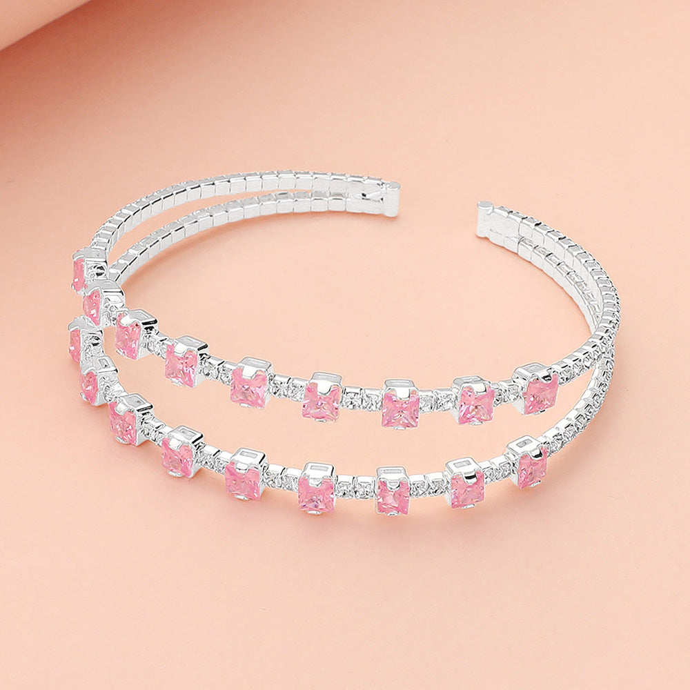 Madeline Love Pink, Silver Square CZ Stone Cluster Accented Split Adjustable Evening Bracelet - Bracelets
