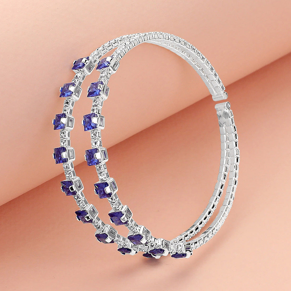 Madeline Love Sapphire, Silver Square CZ Stone Cluster Accented Split Adjustable Evening Bracelet - Bracelets