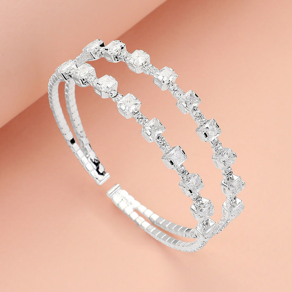 Madeline Love Clear, Silver Square CZ Stone Cluster Accented Split Adjustable Evening Bracelet - Bracelets
