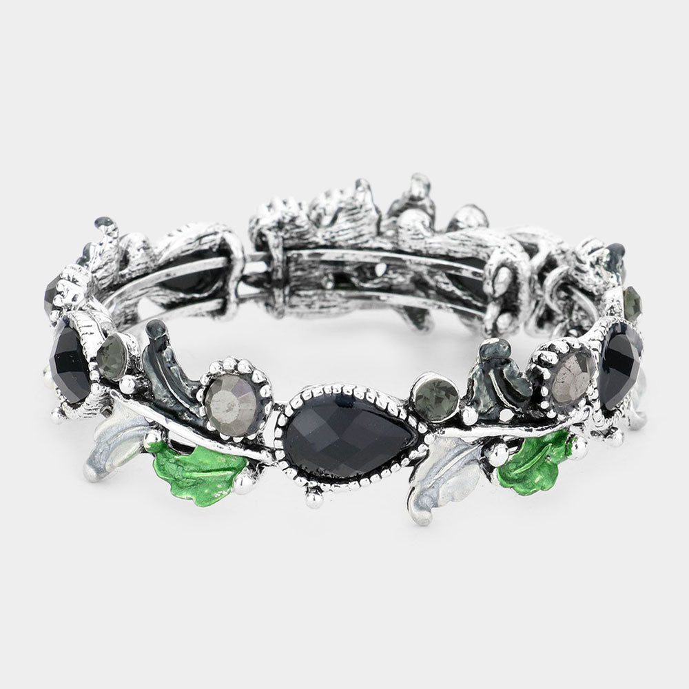 Madeline Love Antique Silver, Black Glass Crystal and Metal Vine Open Adjustable Bracelet - Bracelets