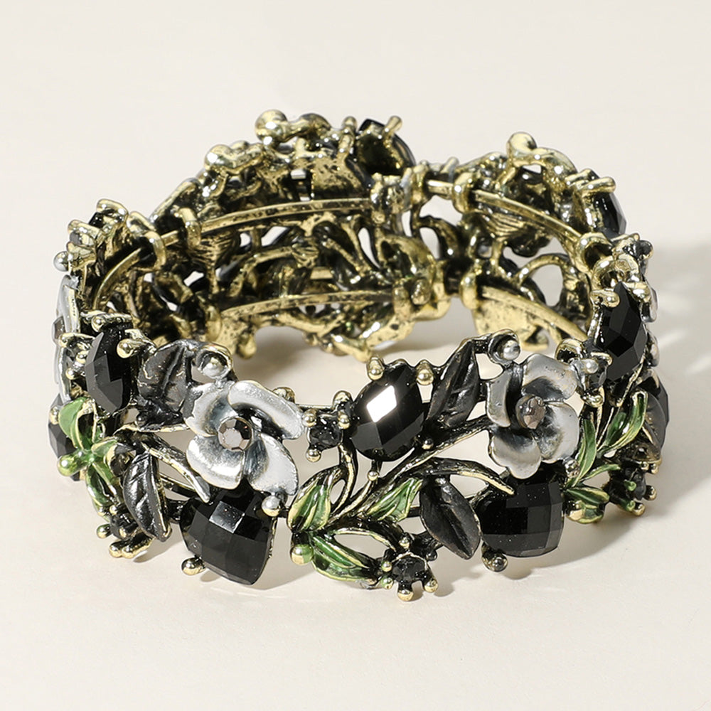 Madeline Love Antique Gold, Black Glass Crystal Metal Flower Leaf Evening Bracelet - Bracelets