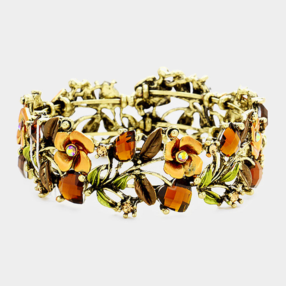 Madeline Love Antique Gold, Brown Glass Crystal Metal Flower Leaf Evening Bracelet - Bracelets