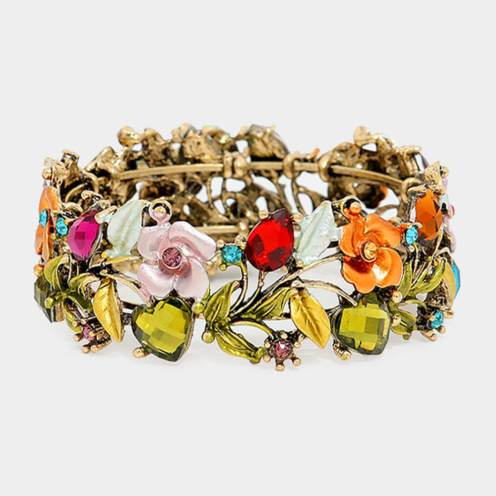 Madeline Love Antique Gold, Multi Glass Crystal Metal Flower Leaf Evening Bracelet - Bracelets