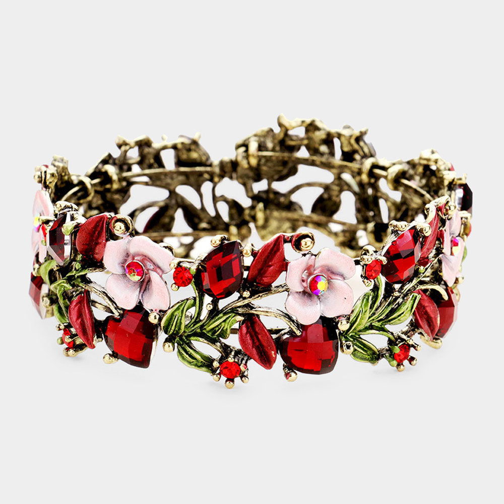 Madeline Love Antique Gold, Red Glass Crystal Metal Flower Leaf Evening Bracelet - Bracelets