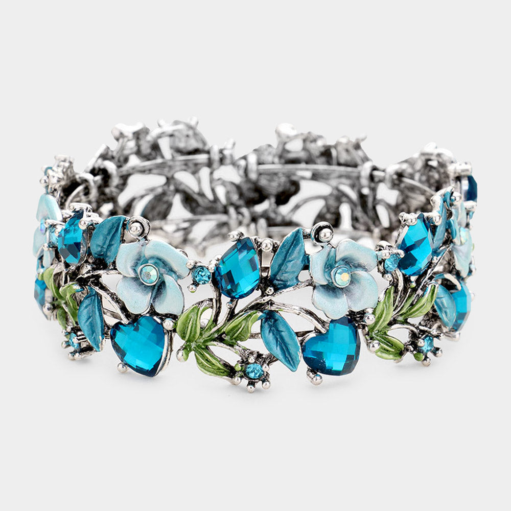 Madeline Love Antique Silver, Blue Glass Crystal Metal Flower Leaf Evening Bracelet - Bracelets