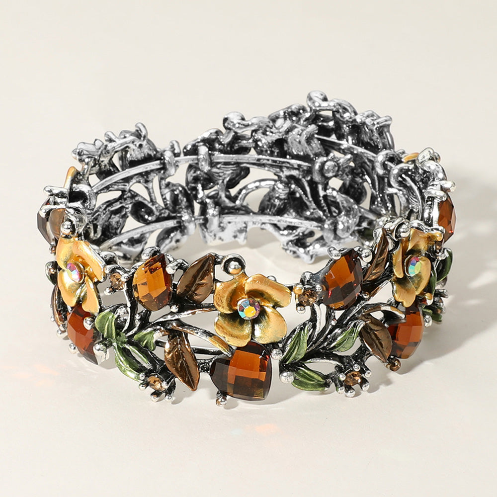 Madeline Love Antique Silver, Brown Glass Crystal Metal Flower Leaf Evening Bracelet - Bracelets
