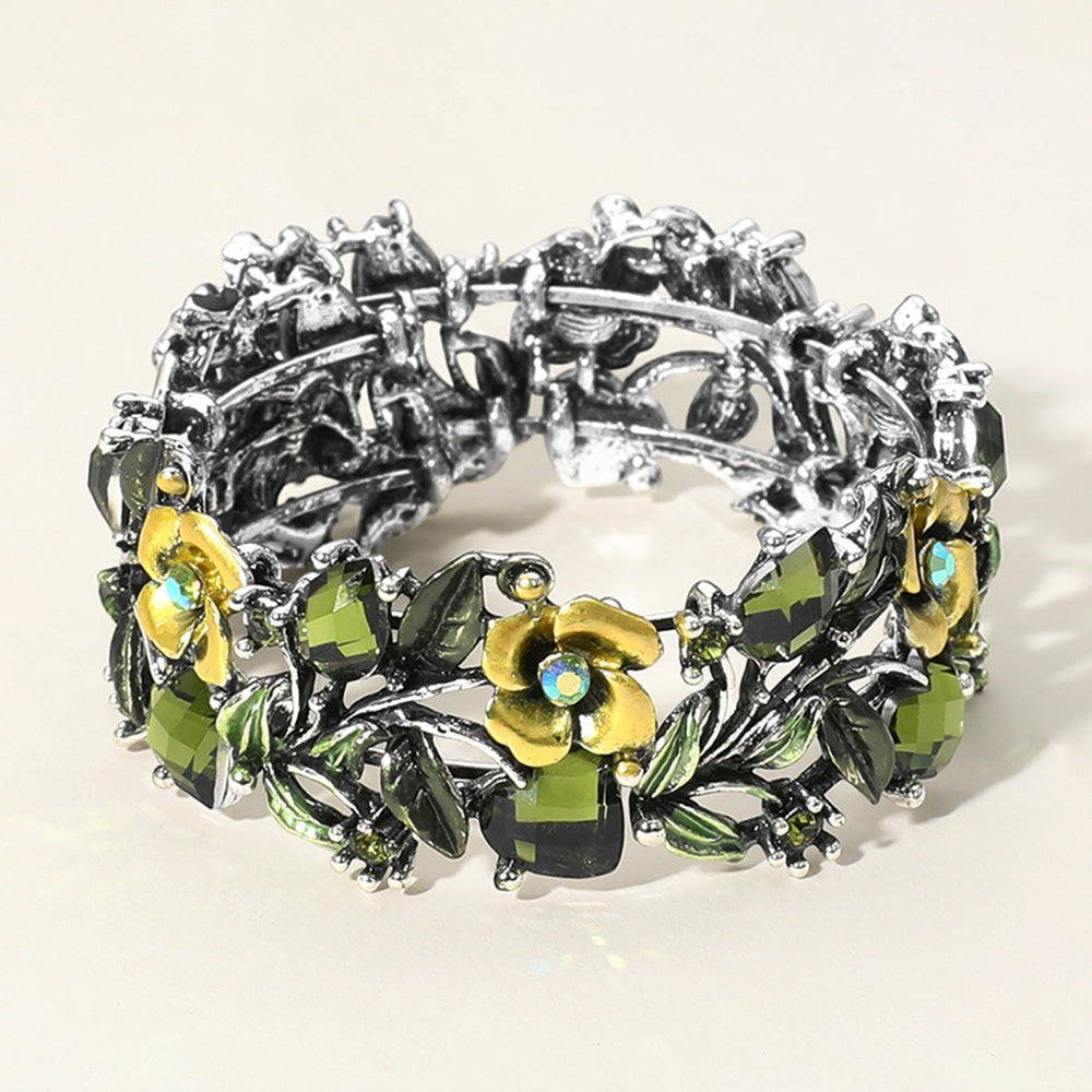 Madeline Love Antique Silver, Green Glass Crystal Metal Flower Leaf Evening Bracelet - Bracelets