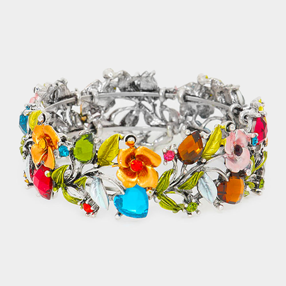 Madeline Love Antique Silver, Multi Glass Crystal Metal Flower Leaf Evening Bracelet - Bracelets