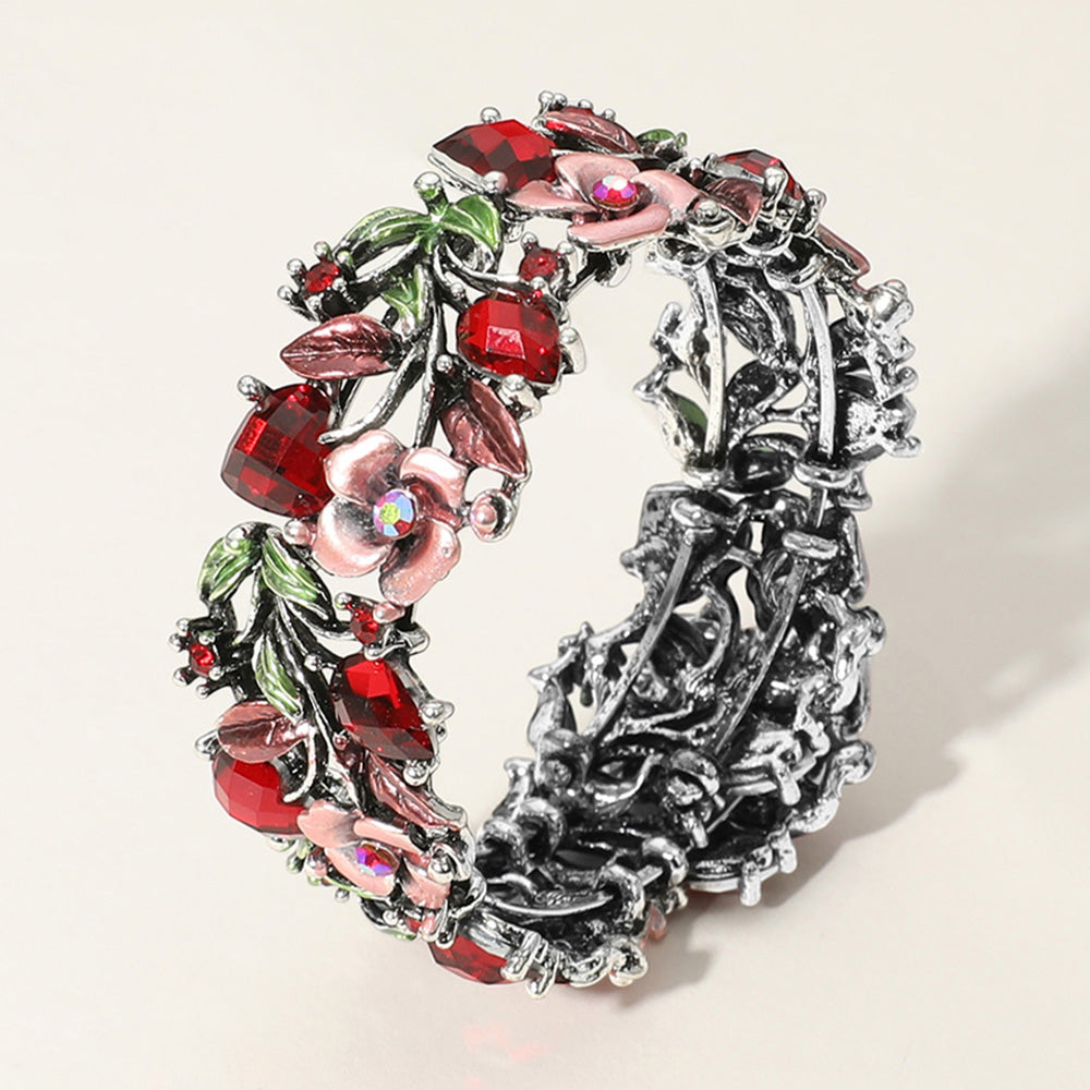 Madeline Love Antique Silver, Red Glass Crystal Metal Flower Leaf Evening Bracelet - Bracelets