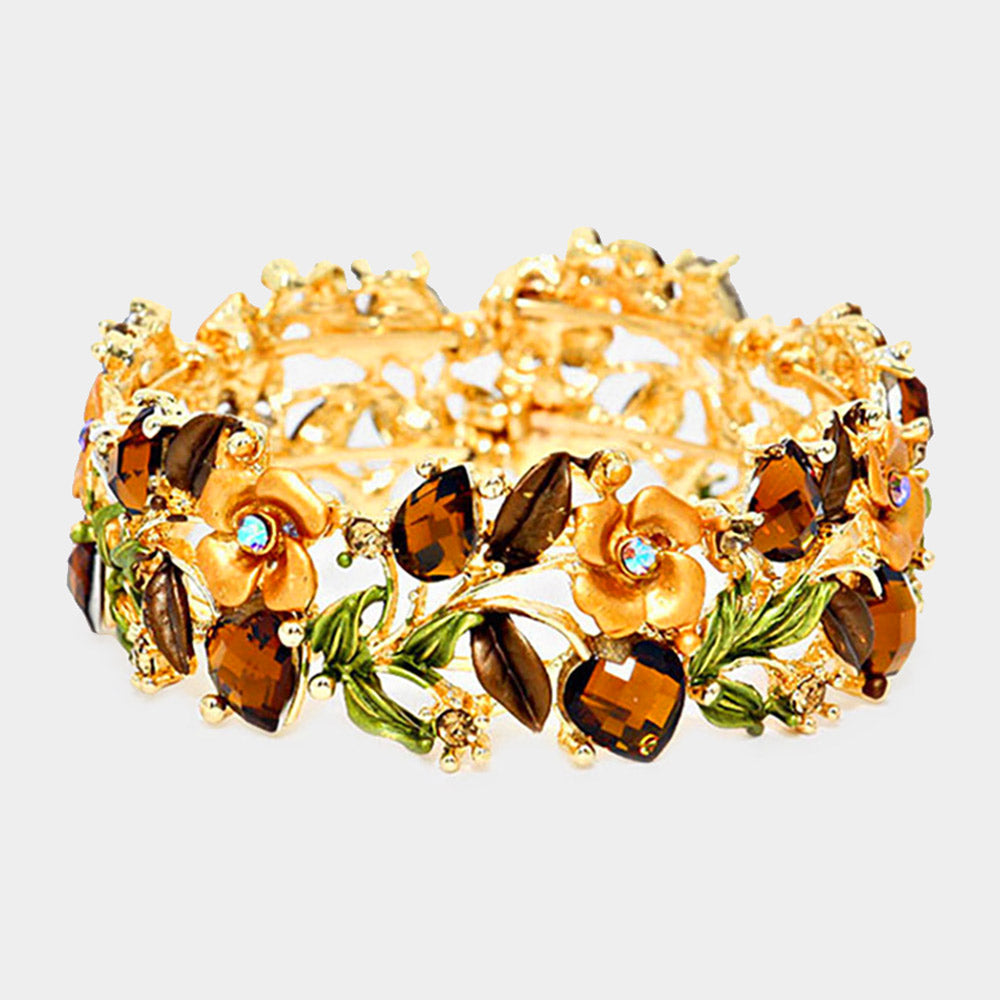 Madeline Love Brown, Gold Glass Crystal Metal Flower Leaf Evening Bracelet - Bracelets