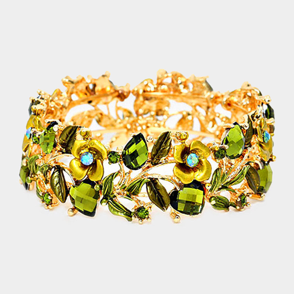 Madeline Love Gold, Green Glass Crystal Metal Flower Leaf Evening Bracelet - Bracelets