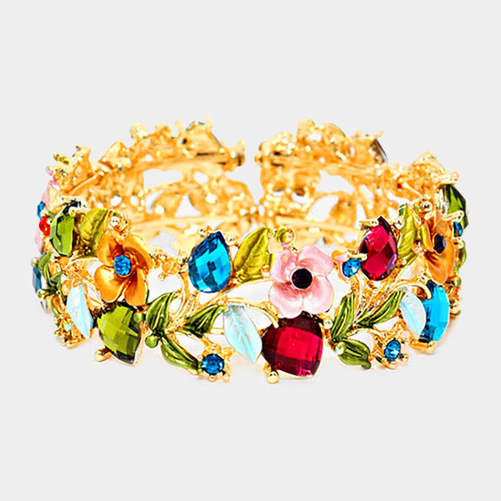 Madeline Love Gold, Multi Glass Crystal Metal Flower Leaf Evening Bracelet - Bracelets