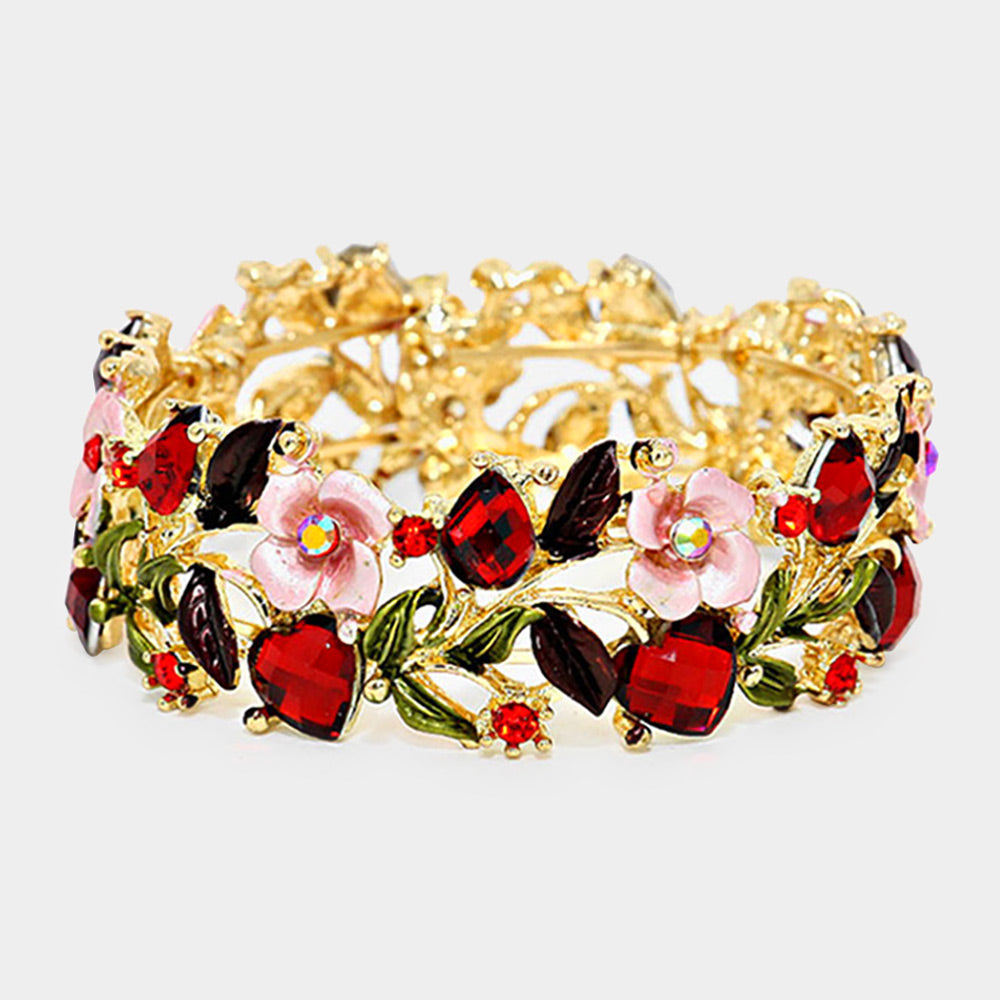 Madeline Love Gold, Red Glass Crystal Metal Flower Leaf Evening Bracelet - Bracelets